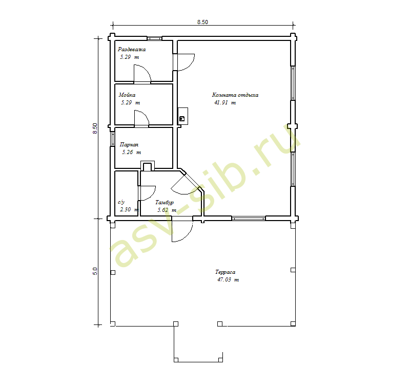 Планировка бани из клеёного бруса по проекту Д-65-7 с камином и террасой.