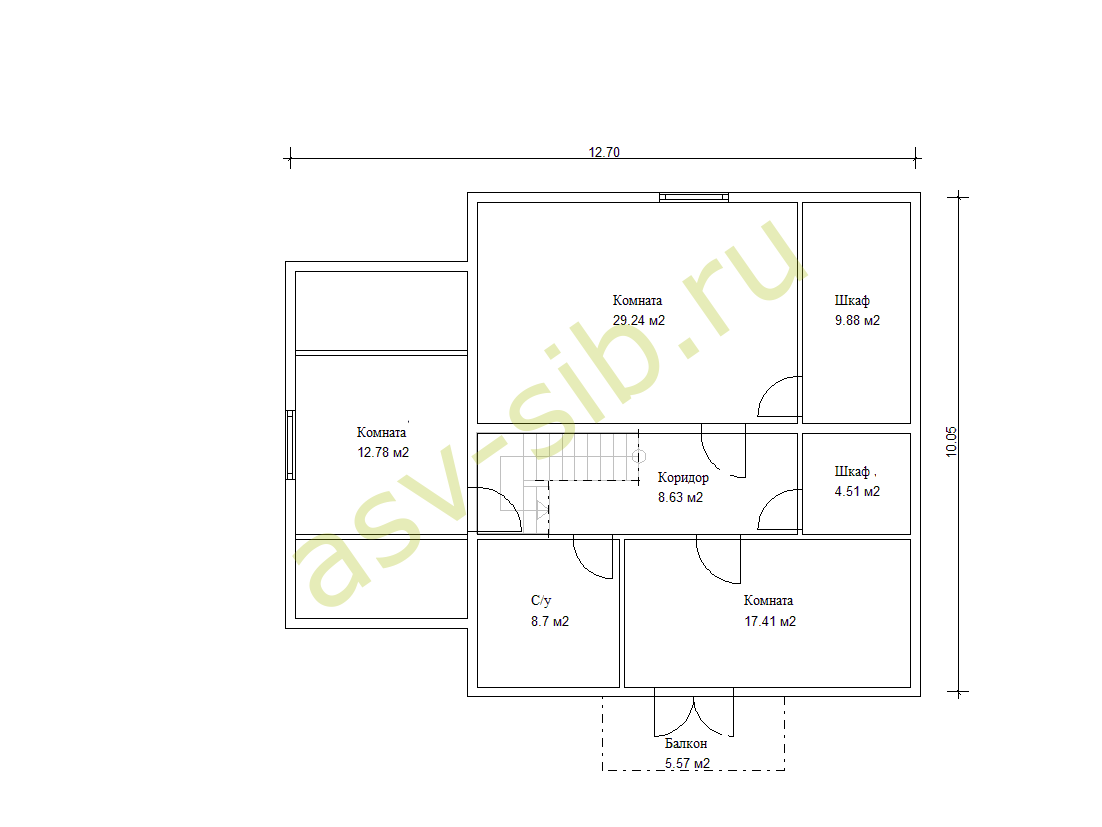 Планировка второго этажа дома из газобетона по проекту П224-170 с балконом